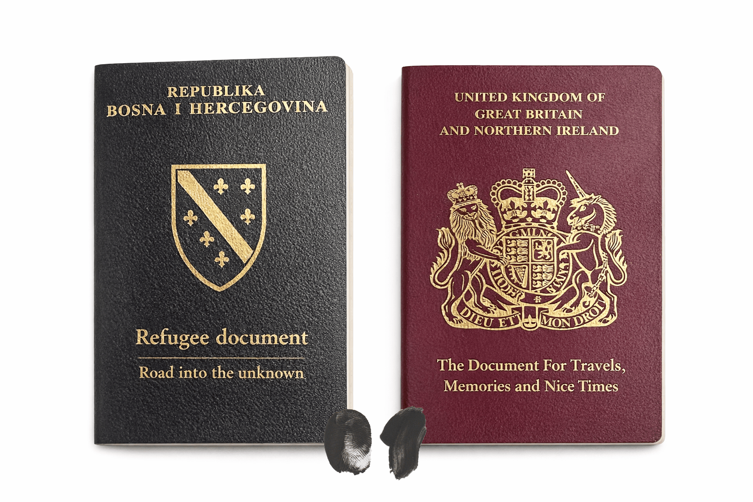 Two passports side by side, one from Bosnia labeled refugee document and one from the United Kingdom representing freedom of travel and privilege