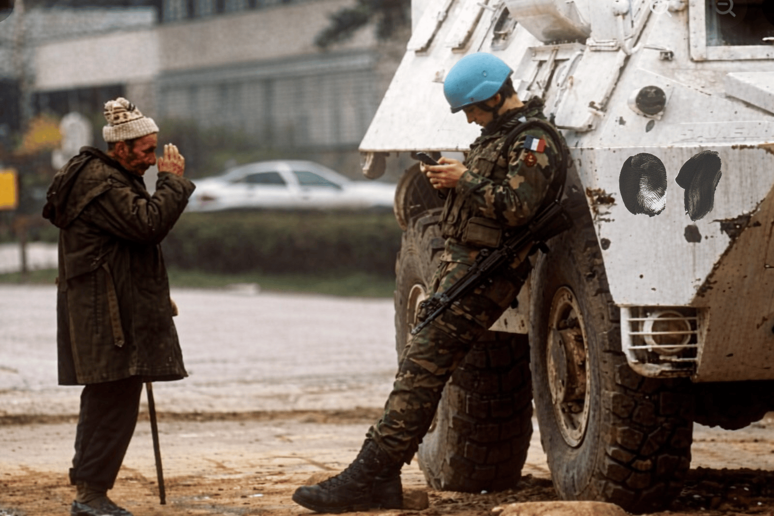 AI anti war art showing a UN soldier ignoring a civilian during the Siege of Sarajevo in the Bosnian war