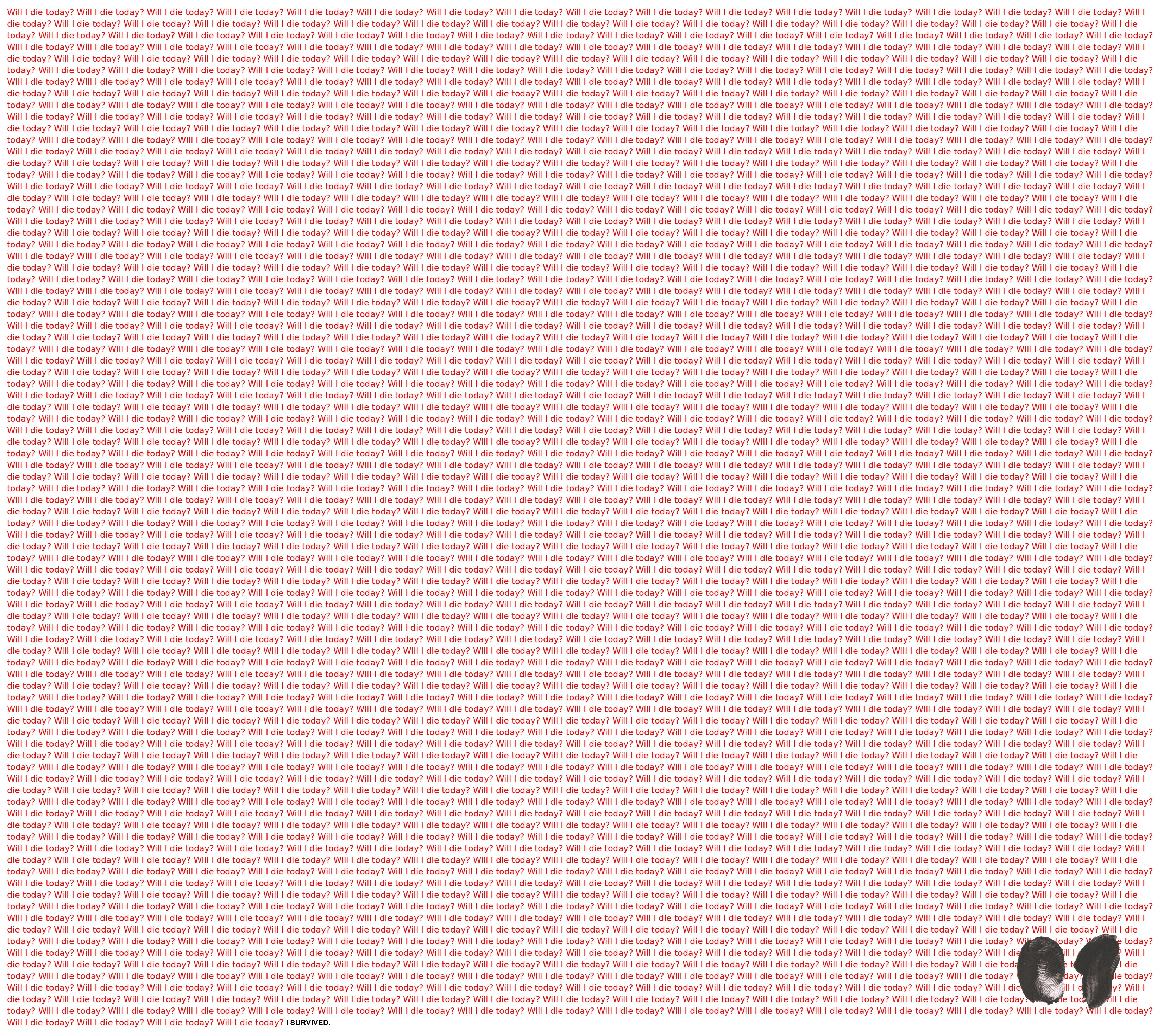 AI anti war art showing repeated text "Will I die today" symbolizing fear, anxiety and uncertainty during war