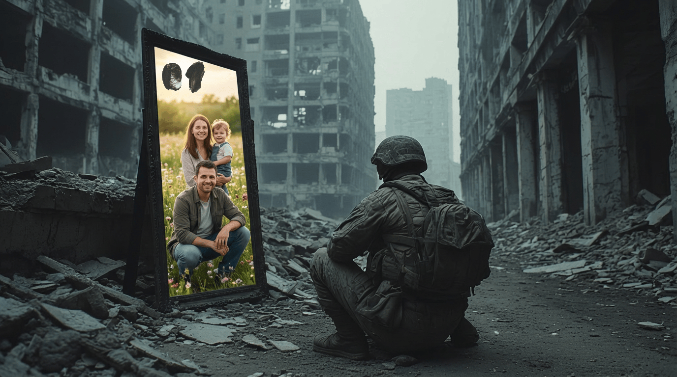 A soldier sitting in a destroyed city looks at a mirror reflecting a peaceful family scene, contrasting war and the life left behind