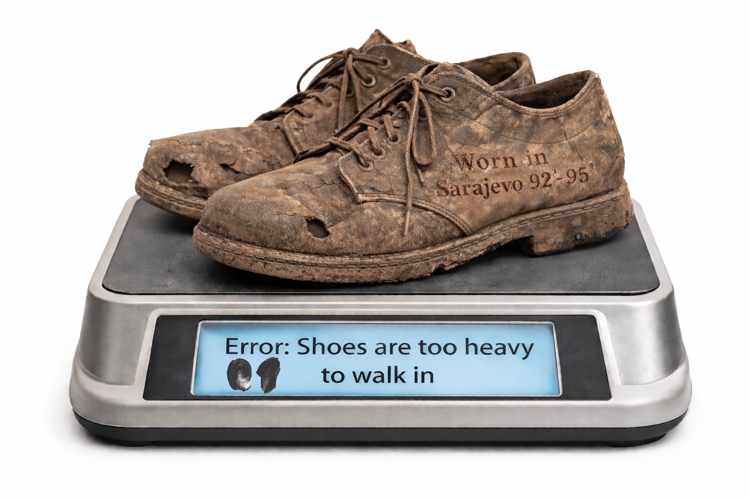 Worn, damaged shoes labeled “Worn in Sarajevo 92–95” placed on a scale displaying the message “Shoes are too heavy to walk in”