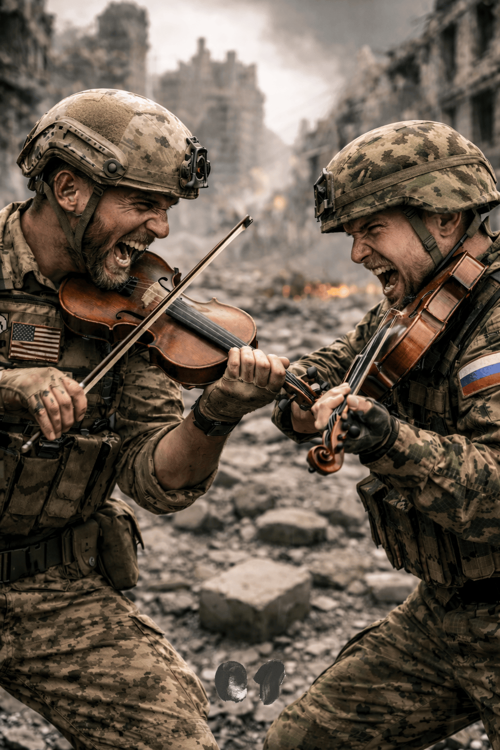 AI anti war art showing soldiers fighting with violins instead of weapons symbolizing conflict, absurdity and war madness