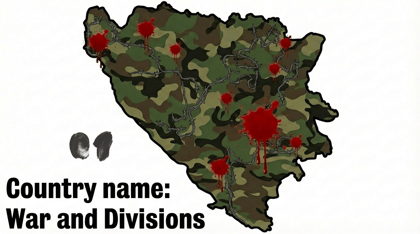A map of Bosnia and Herzegovina covered in camouflage and blood marks, labeled “Country name: War and Divisions,” representing how the country is perceived through conflict