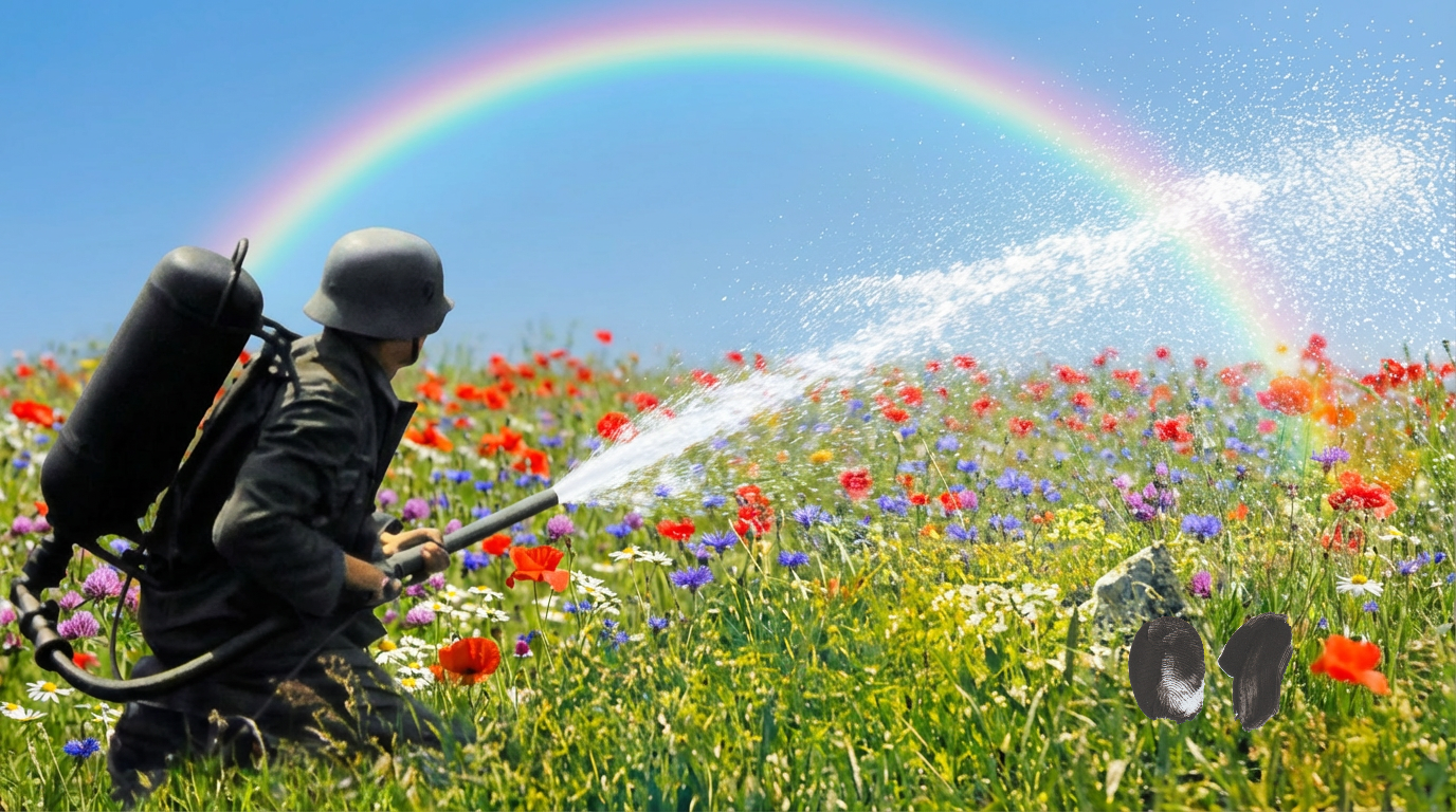 Soldier using a modified flamethrower that sprays water over a field of flowers creating a rainbow instead of destruction