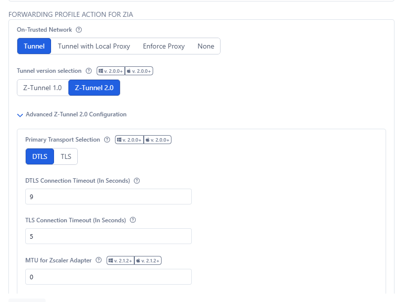 Forwarding Profile action for ZIA with On-Trusted Network set to Tunnel and Z-Tunnel 2.0 selected