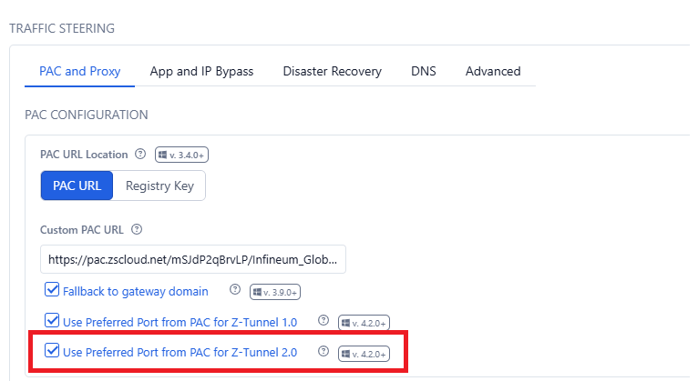 PAC and proxy settings in the App Profile including preferred port handling for Z-Tunnel 2.0