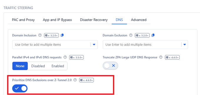 Prioritize DNS Exclusions over Z-Tunnel 2.0 option in the App Profile