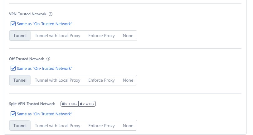 VPN-Trusted, Off-Trusted and Split VPN-Trusted states following the On-Trusted Network action