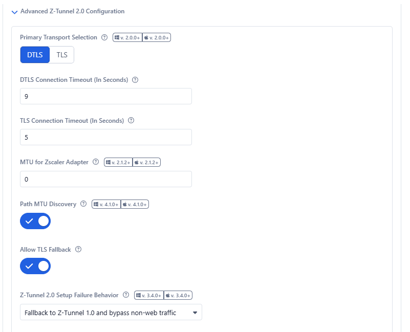 Advanced Z-Tunnel 2.0 configuration with DTLS as primary transport and TLS fallback enabled