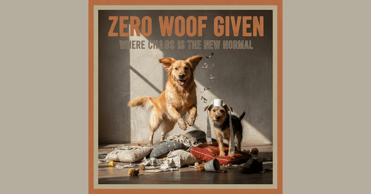 Two dogs in a chaotic room full of toys, shoes, and scattered items. One dog is happily jumping in the air while the other dog has a cup on its head, embodying the chaotic, carefree nature of dog ownership. The caption "Zero Woof Given - Where Chaos is the New Normal" captures the messy, fun essence of dog life.