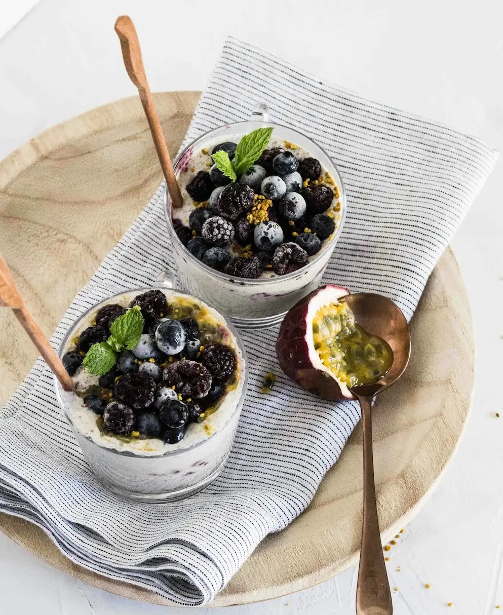 high protein chia pudding with blueberries on top