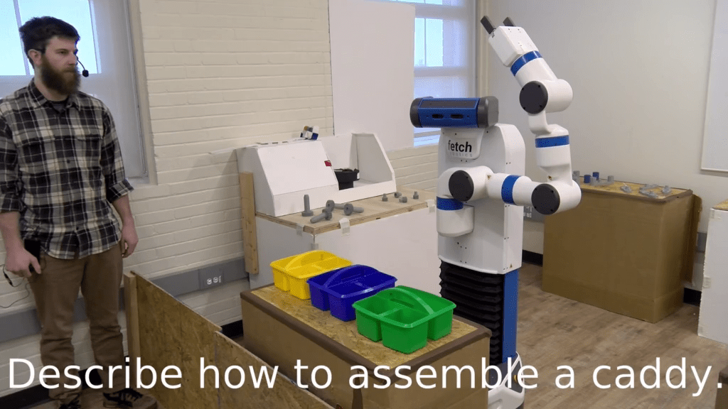 After teaching using cognitive architecture Fetch is asked to describe how to assemble a caddy After teaching using cognitive architecture, Fetch is asked to describe how to assemble a caddy