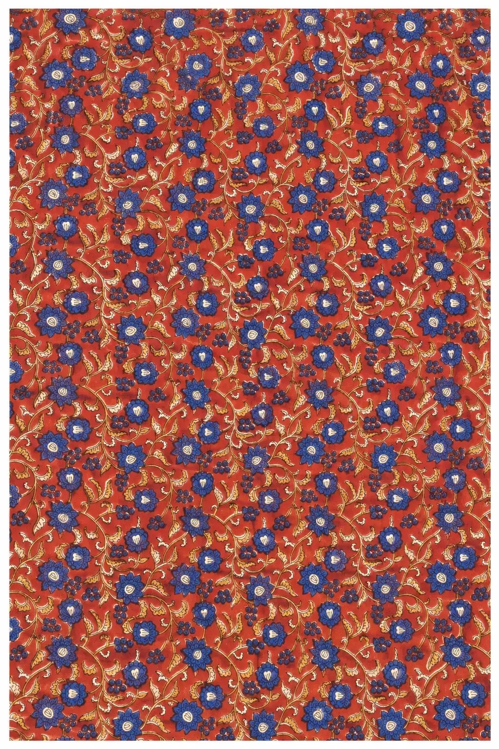 Rust Blue Floral Print Fabric with Cream Vine Details
