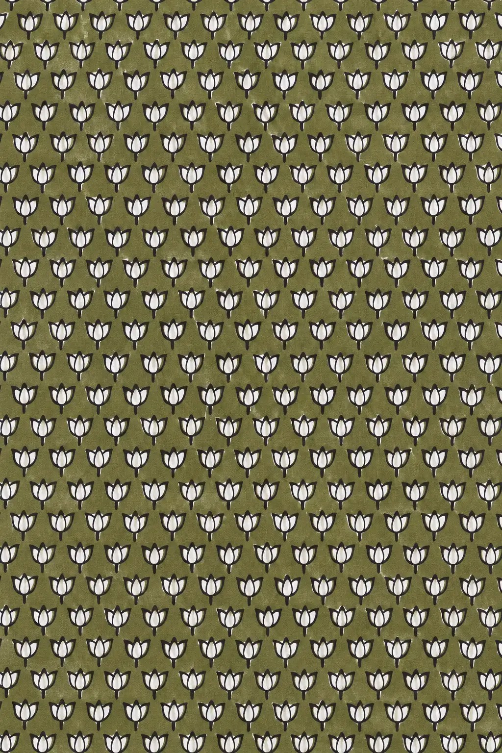 Olive Green Tulip Print Fabric with Small White Floral Motifs