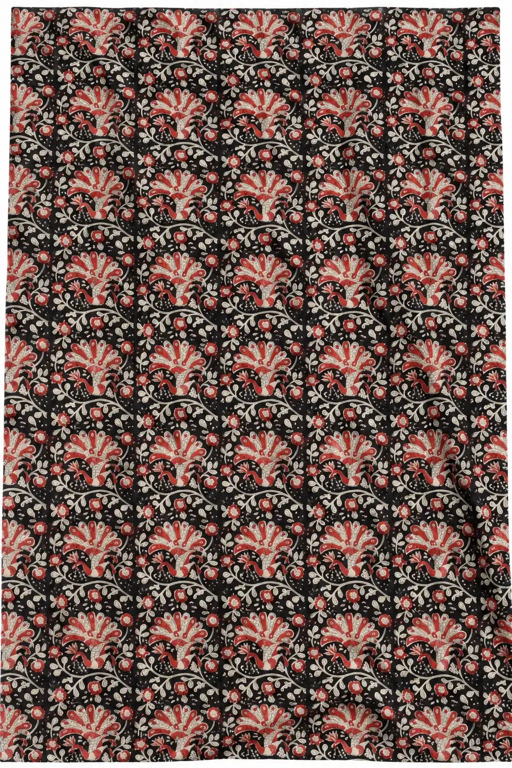 Black Red Floral Vine Fabric with Off White Flower Motifs