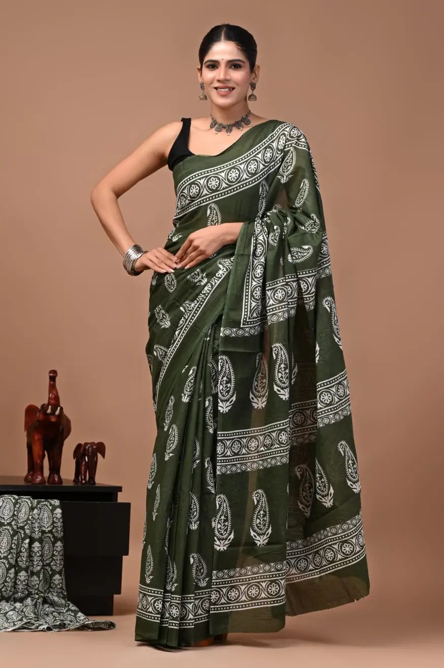 Olive Green Bagru Hand Block Printed Cotton Saree W