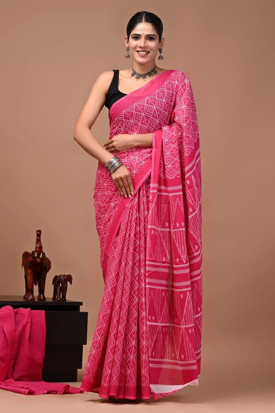 Bagru Hand Block Printed Rani Pink Geometric Mulmul Cotton Saree With Running Blouse W