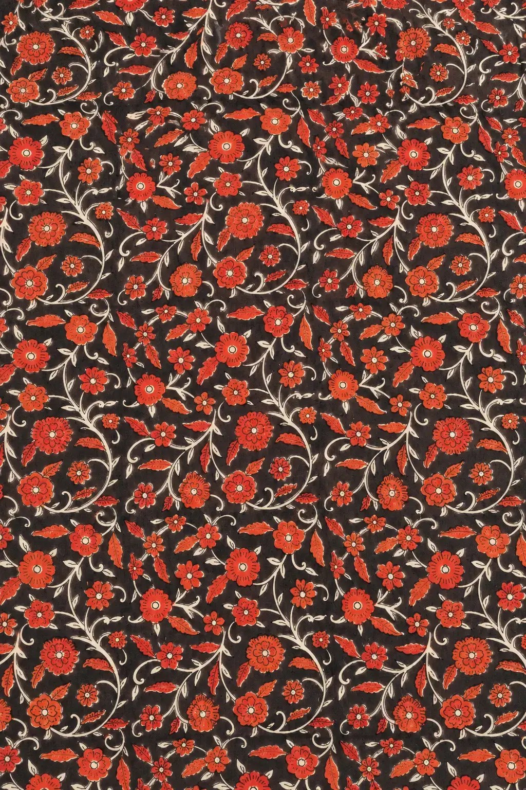 Black Syahi Begar Hand Block Print Fabric with Red Floral Motifs