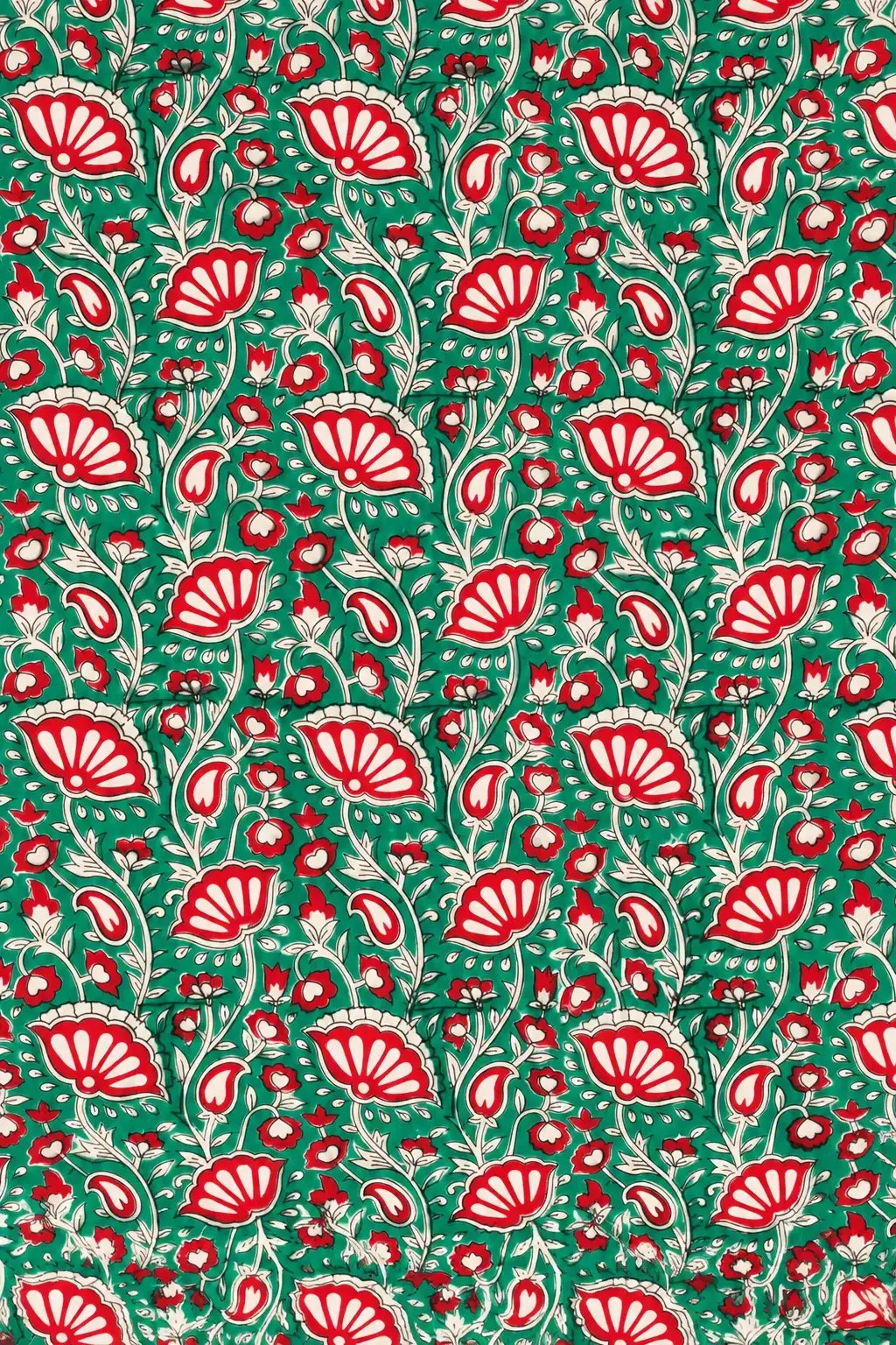 Green Red Floral Paisley Fabric with White Decorative Details