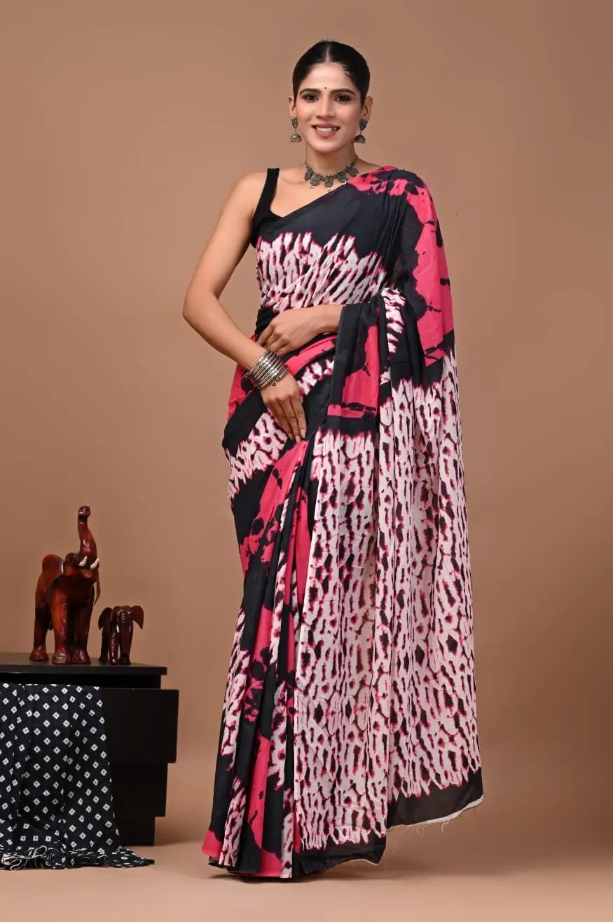 Bagru Hand Block Printed Black & Pink Mulmul Cotton Saree With Running Blouse W