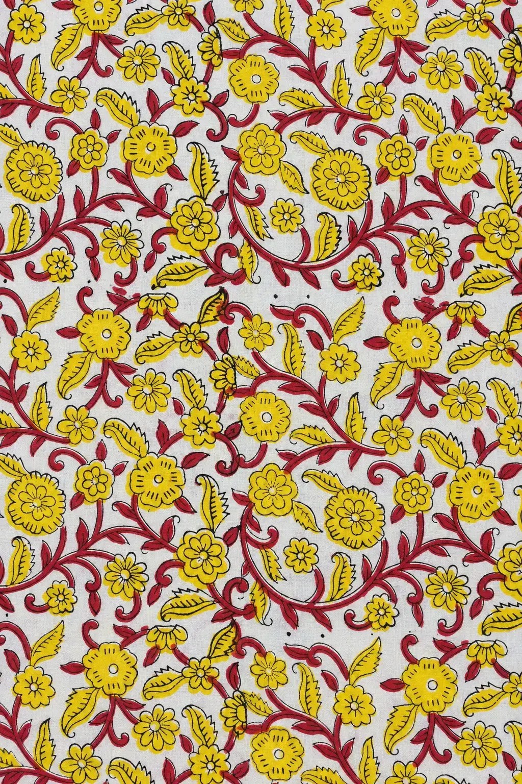 Yellow Floral Vine Fabric with Red Stems and White Base