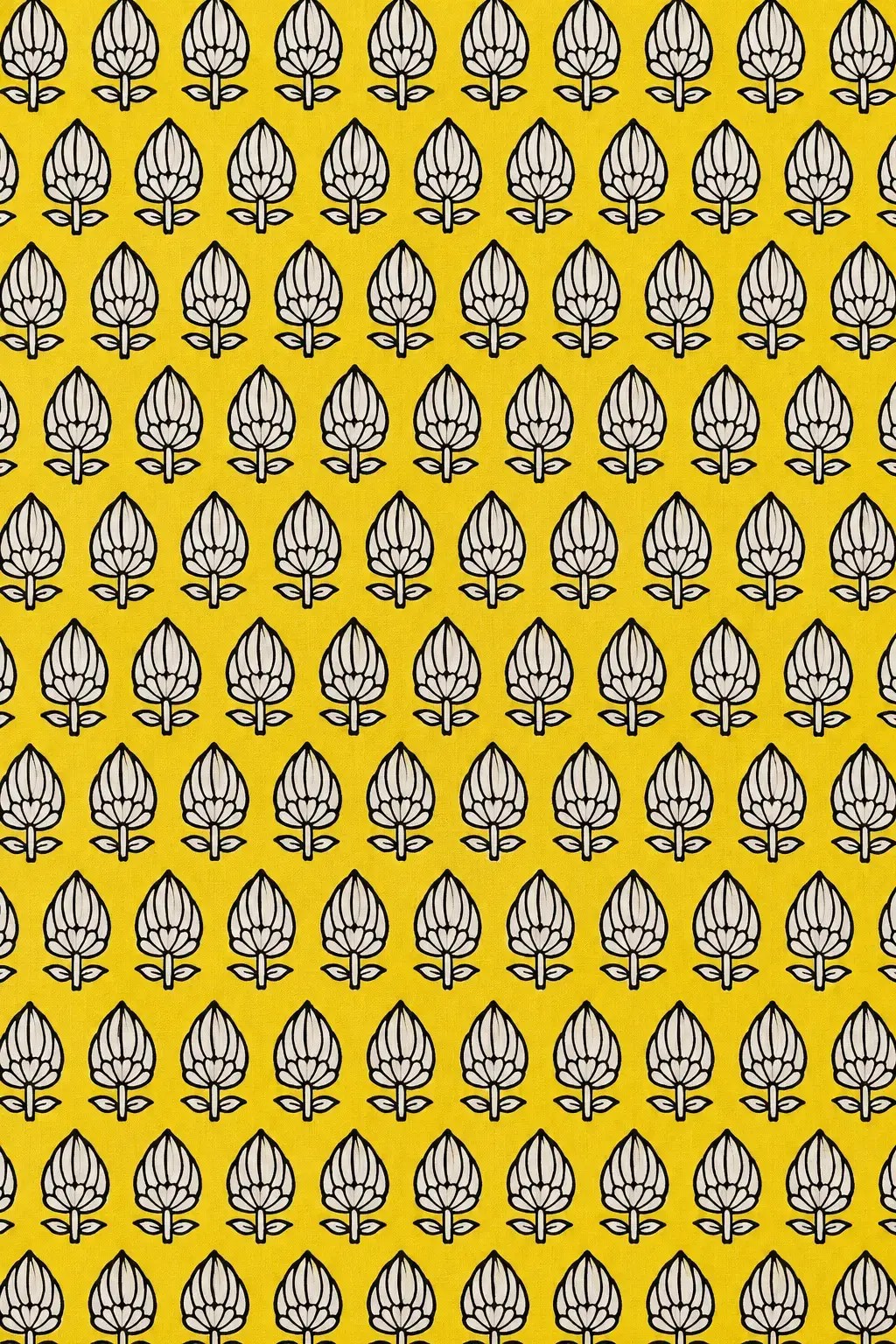 Yellow Leaf Print Fabric with Black and White Motifs