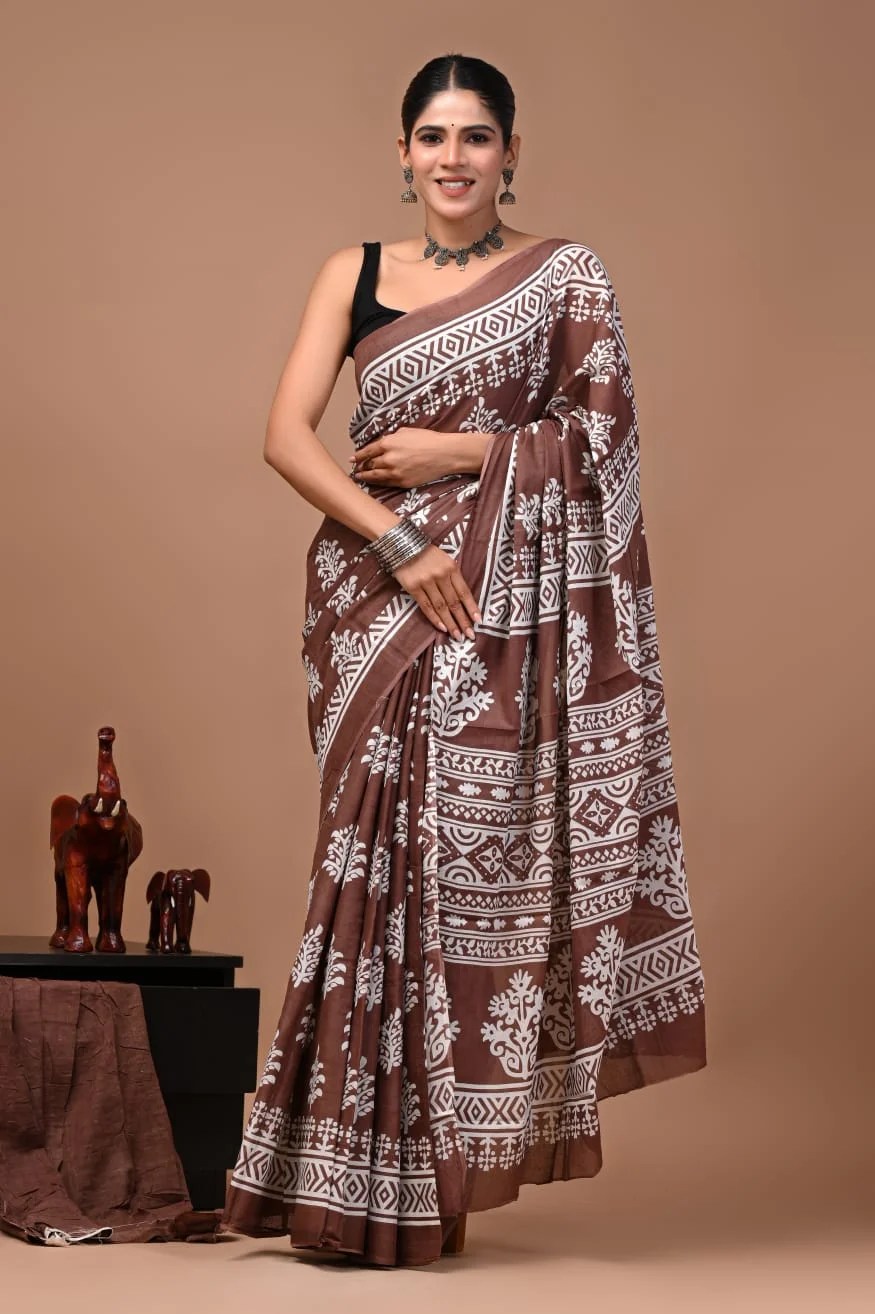 Bagru Hand Block Printed Chocolate Brown Floral & Geometric Mulmul Cotton Saree With Running Blouse W