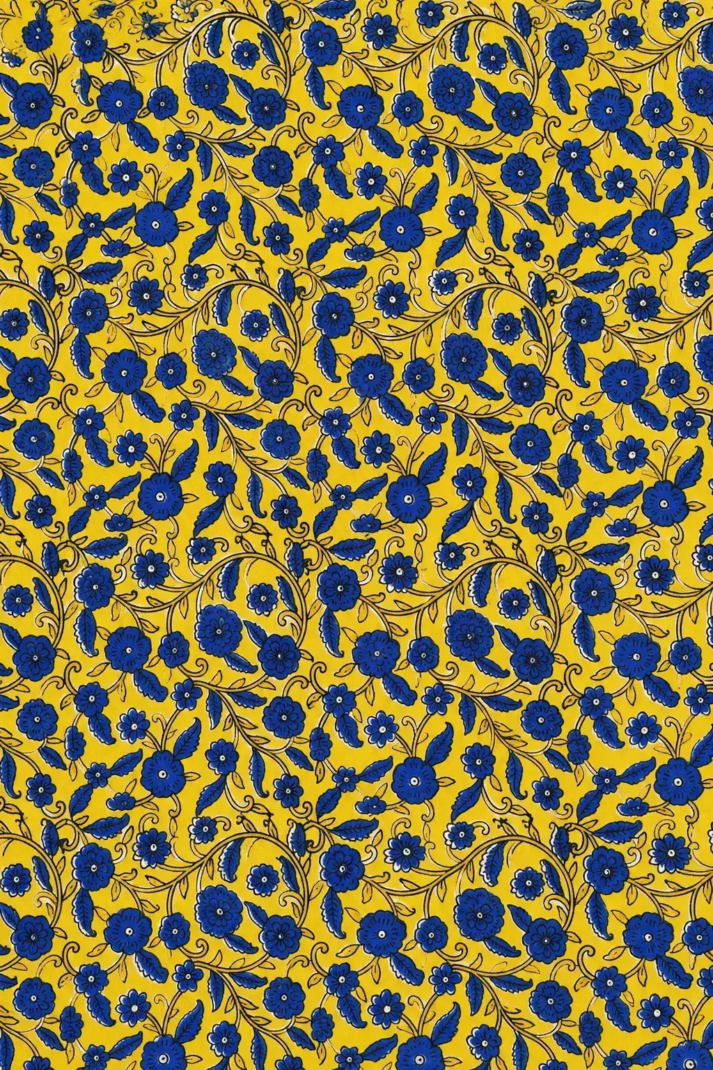 Yellow Blue Floral Print Fabric with Traditional Vine Pattern