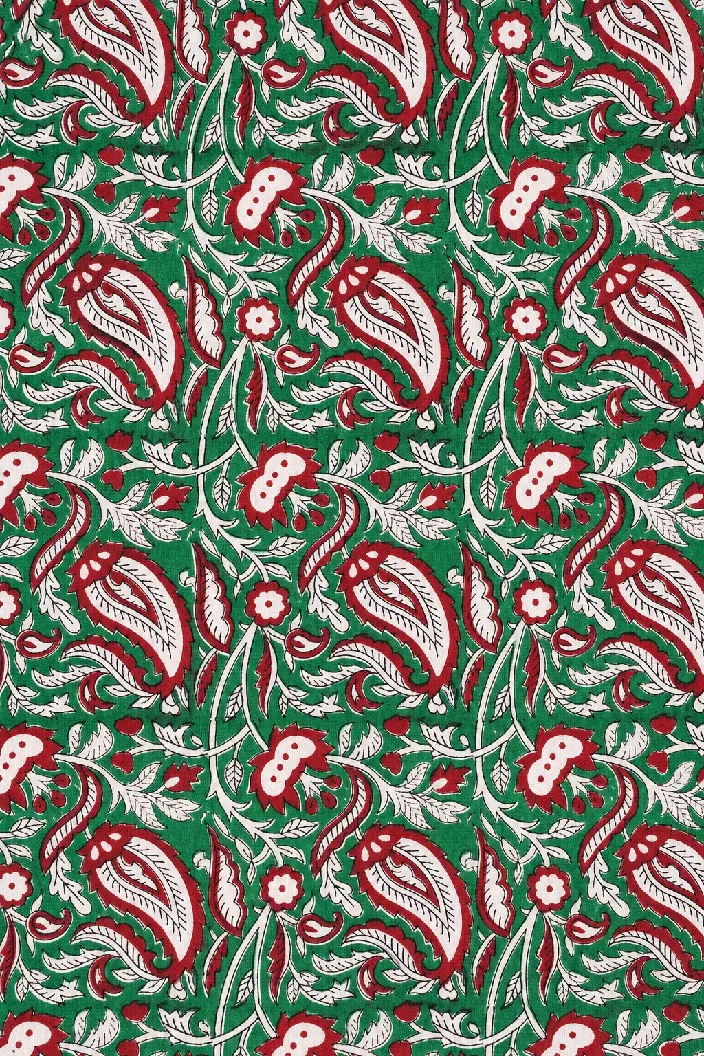 Green Paisley Floral Print Fabric with Red and White Motifs