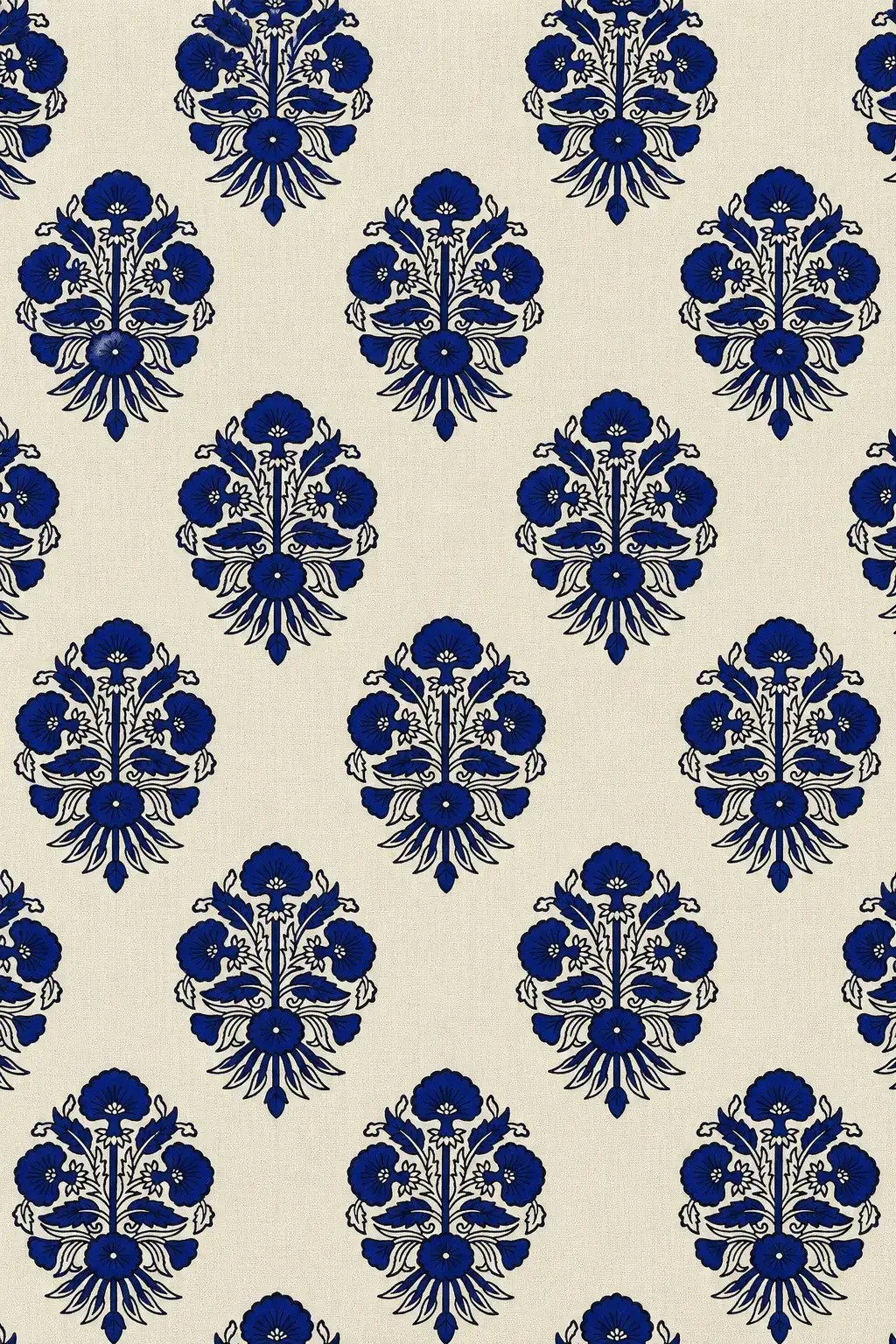 Blue Traditional Floral Motif Printed Fabric on Ivory Base