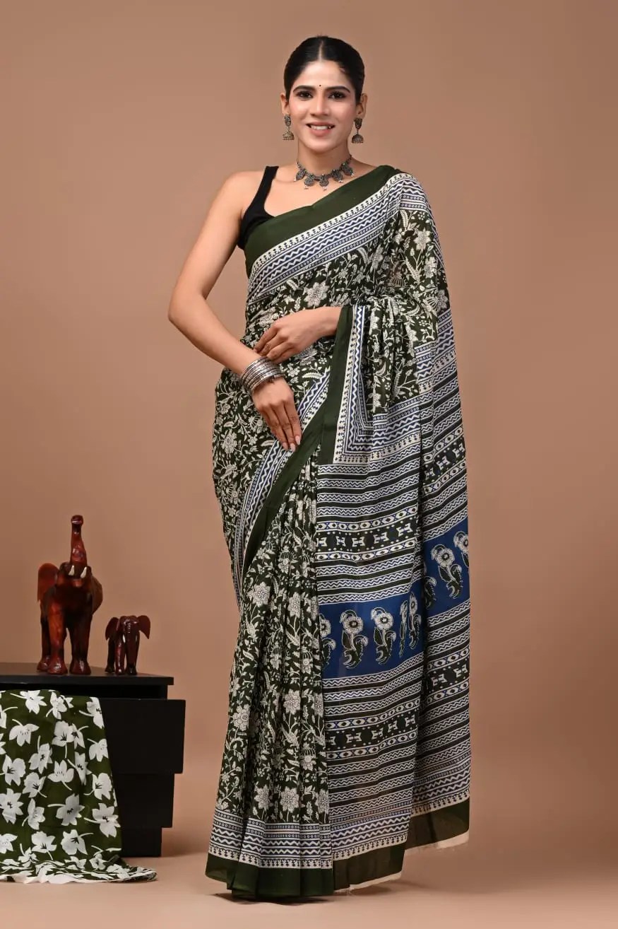Bagru Hand Block Printed Olive Green Mulmul Cotton Saree With Running Blouse W