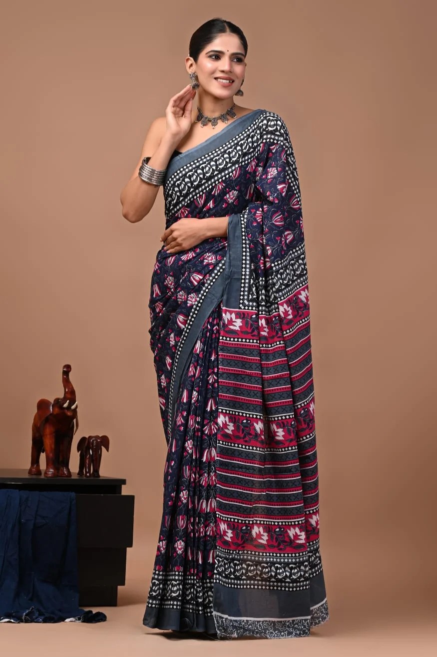 Bagru Hand Block Printed Navy Blue, Grey & Pink Floral Mulmul Cotton Saree With Running Blouse W