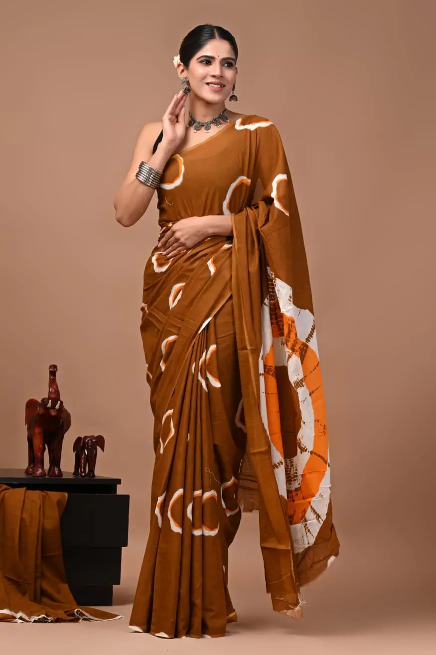 Bagru Hand Block Printed Rust Brown & White Abstract Floral Mulmul Cotton Saree With Running Blouse W