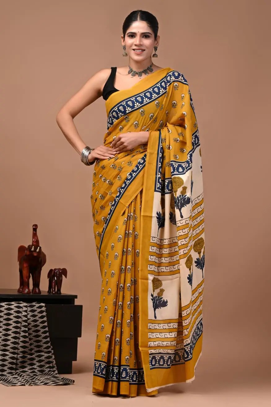 Bagru Hand Block Printed Mustard Yellow & Navy Blue Floral Mulmul Cotton Saree With Running Blouse W