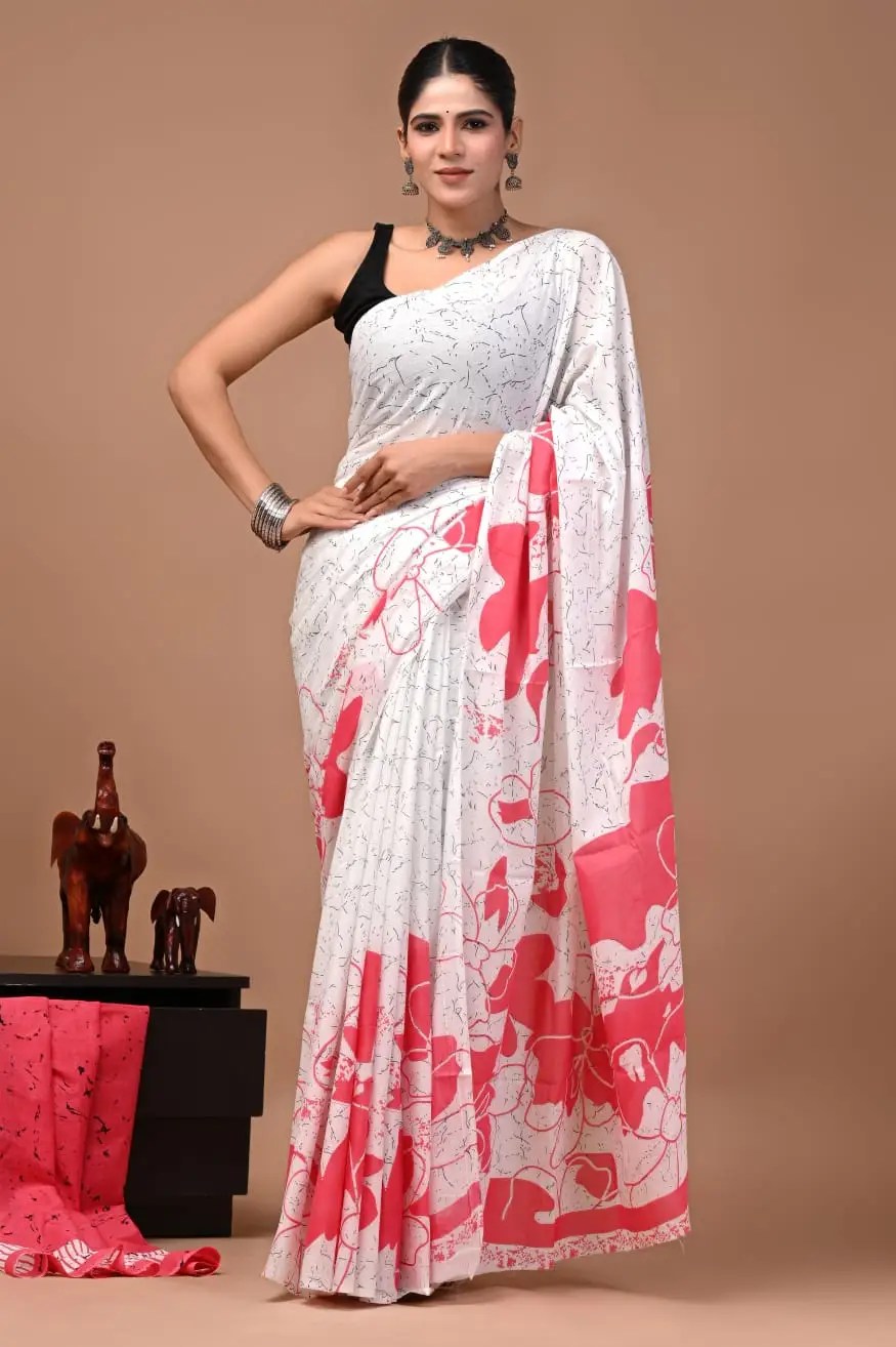 Bagru Hand Block Printed White & Pink Floral Mulmul Cotton Saree With Running Blouse W