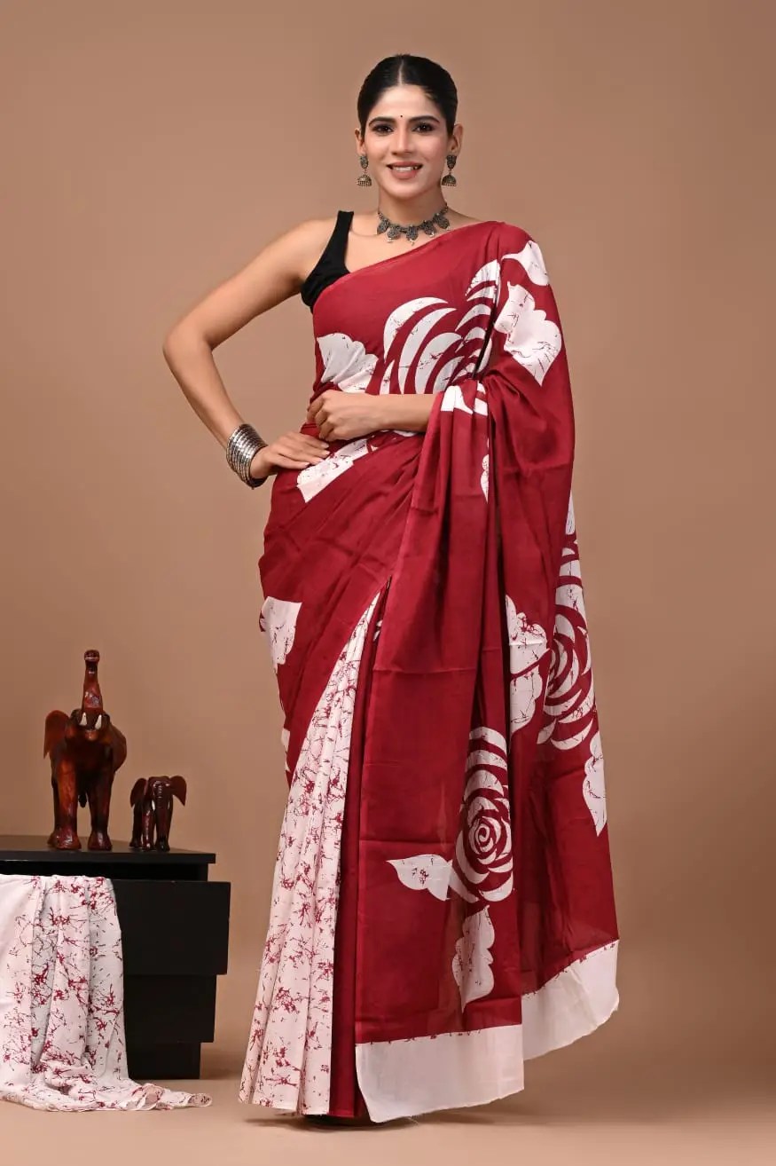 Bagru Hand Block Printed Maroon & White Floral Cotton Saree With Running Blouse W