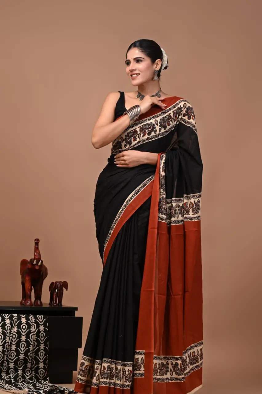 Bagru Hand Block Printed Black & Rust Orange Cotton Saree With Floral Paisley Border & Running Blouse W