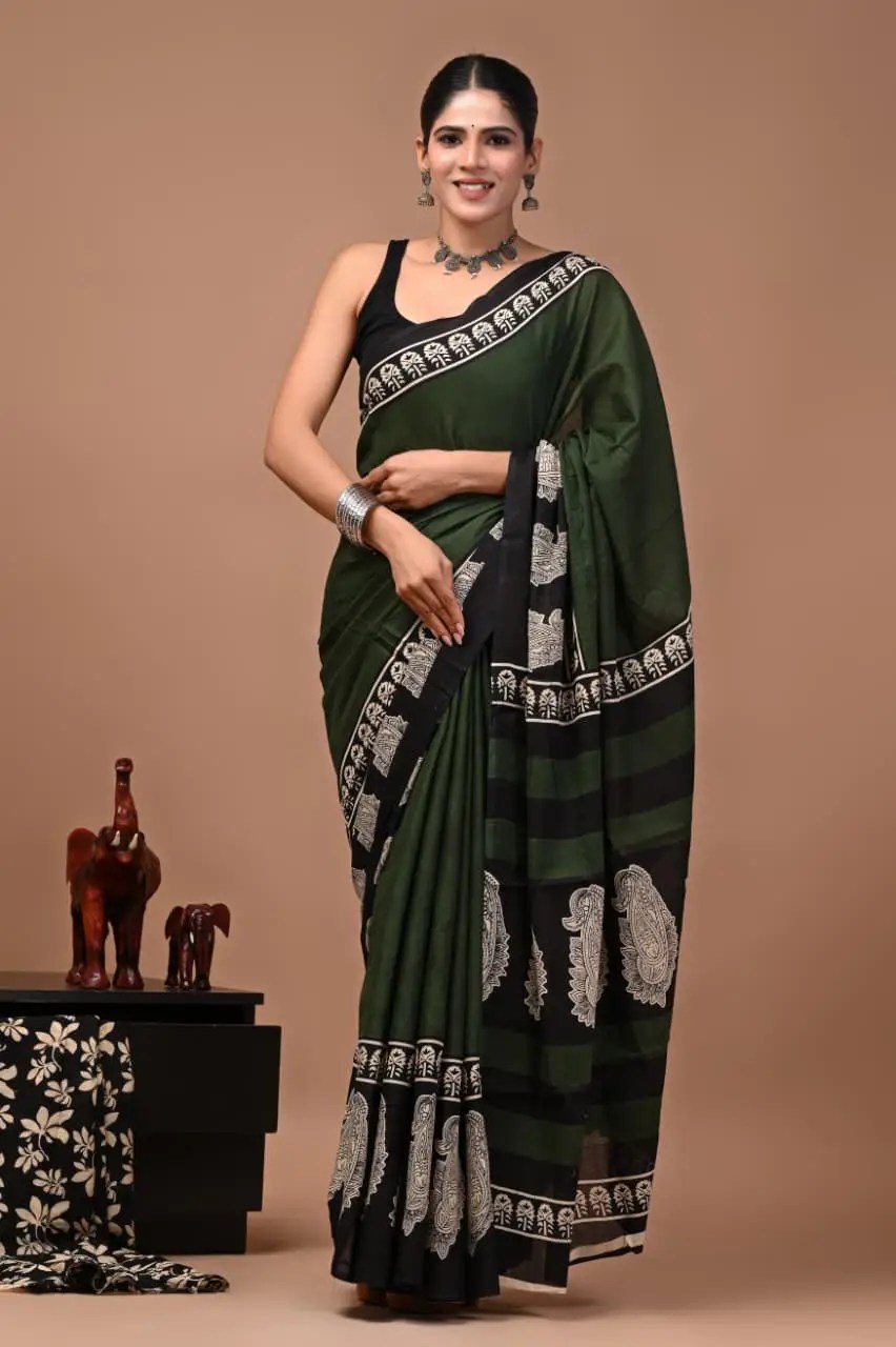 Bagru Hand Block Printed Dark Green & Black Cotton Saree With Paisley Border & Running Blouse W