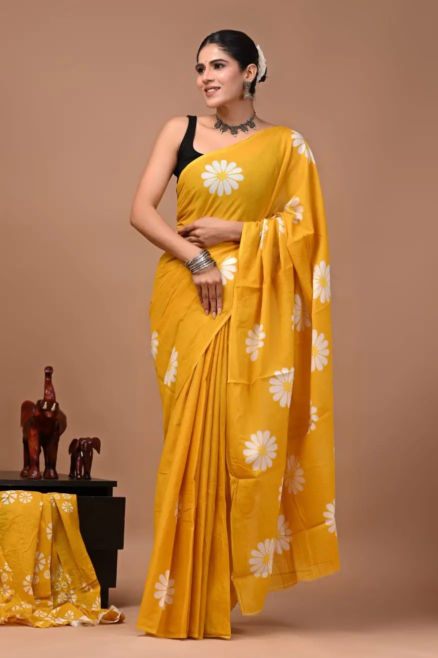 Bagru Hand Block Printed Mustard Yellow Floral Cotton Saree With Running Blouse W