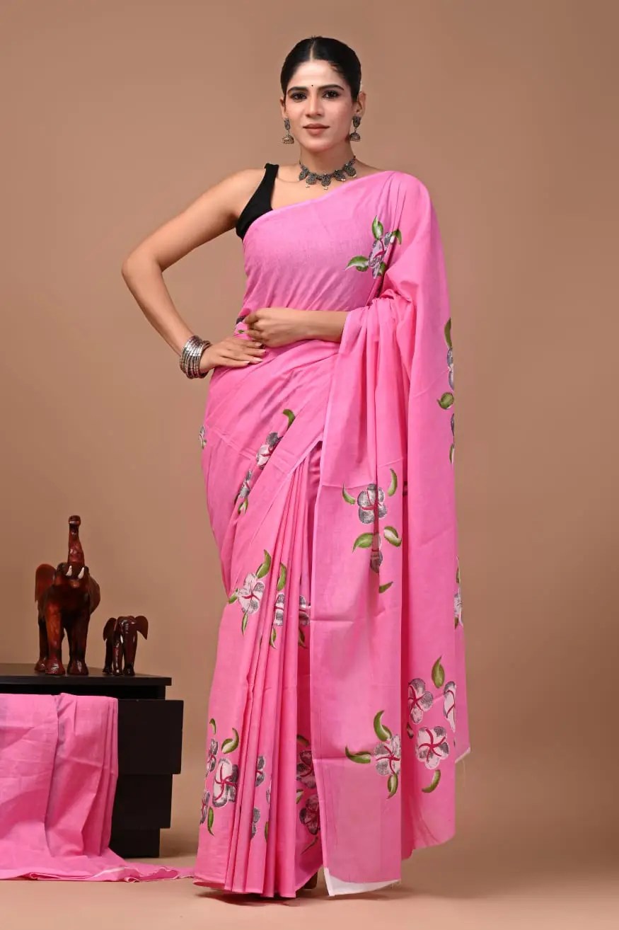 Bagru Hand Block Printed Pink Floral Cotton Saree With Running Blouse