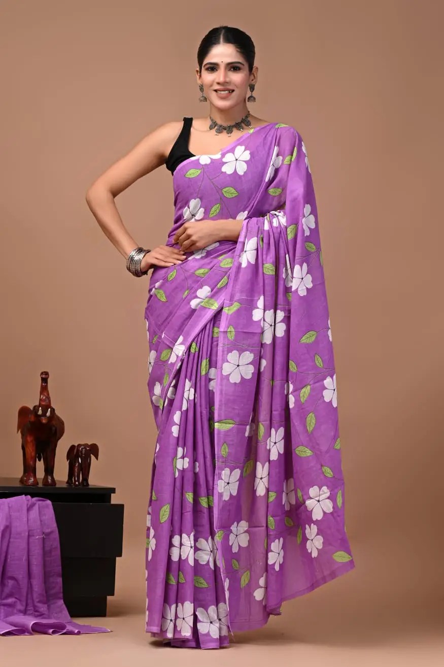Bagru Hand Block Printed Purple & White Floral Cotton Saree With Running Blouse W