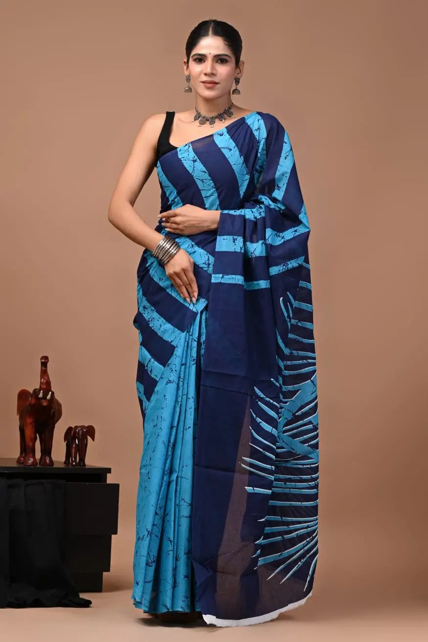 Bagru Hand Block Printed Navy Blue & Sky Blue Abstract Striped Cotton Saree With Running Blouse W