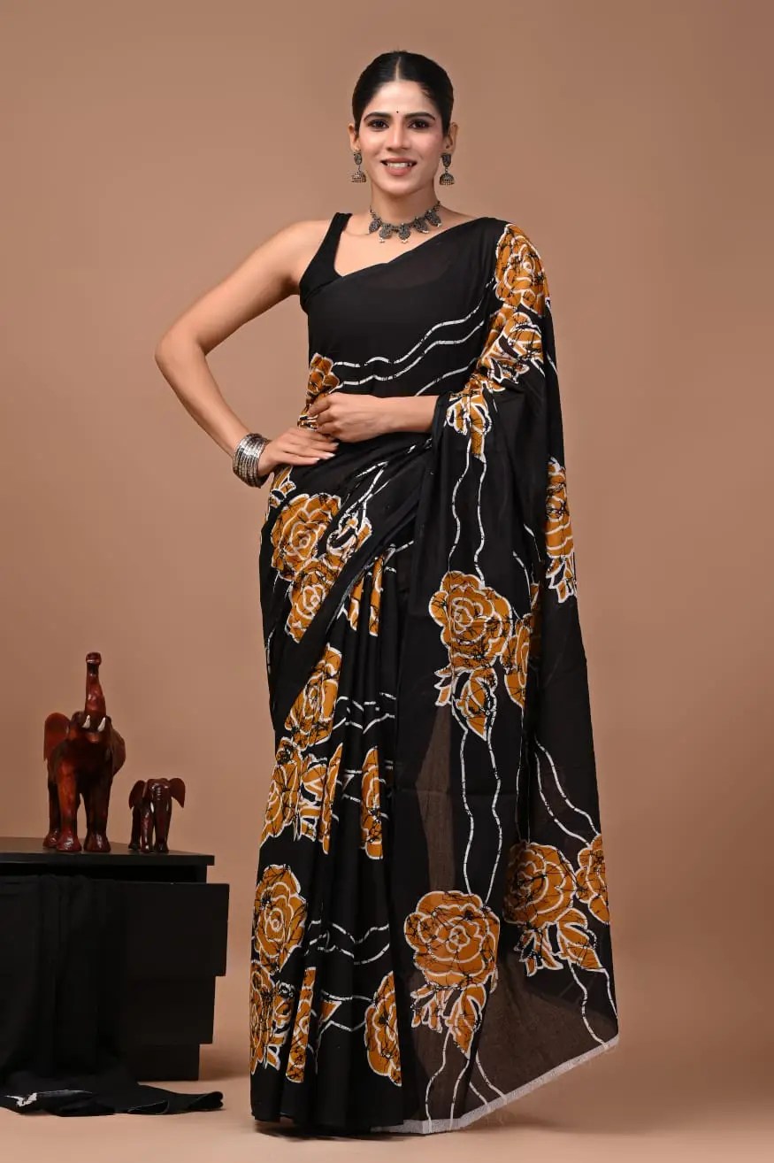 Bagru Hand Block Printed Cream & Olive Green Floral & Geometric Mulmul Cotton Saree With Running Blouse W