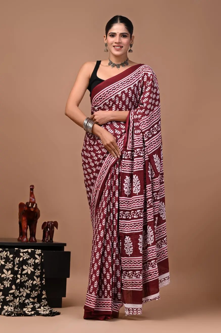 Bagru Hand Block Printed Maroon Floral & Geometric Cotton Saree With Running Blouse W