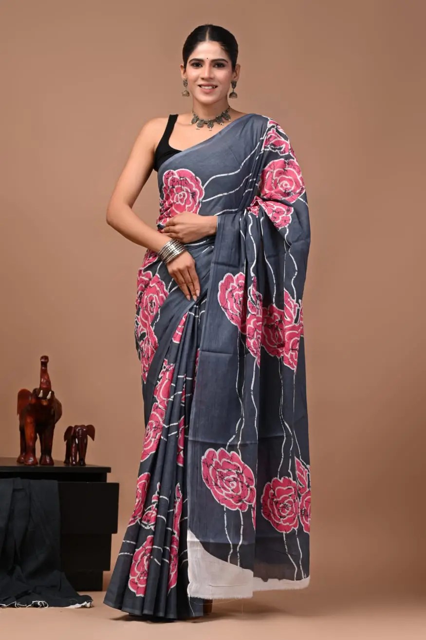 Bagru Hand Block Printed Charcoal Grey & Pink Floral Cotton Saree With Running Blouse W