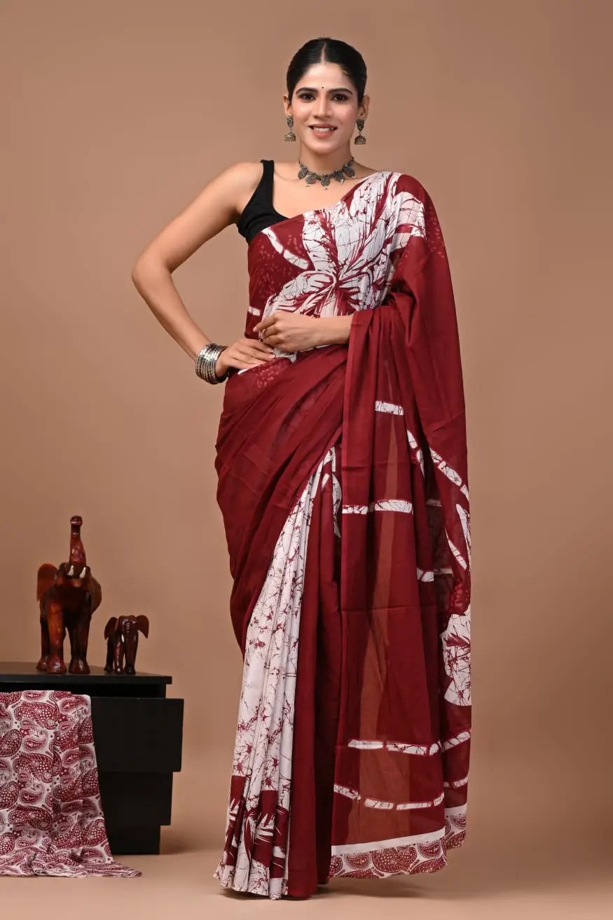 Bagru Hand Block Printed Maroon & White Abstract Floral Cotton Saree With Running Blouse W