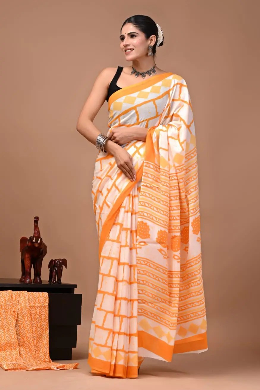 Bagru Hand Block Printed White & Orange Geometric & Floral Cotton Saree With Running Blouse W