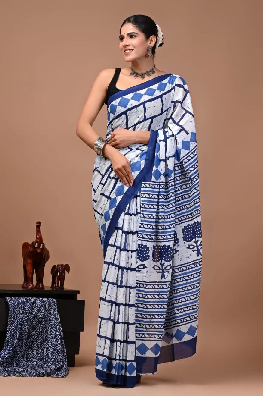 Bagru Hand Block Printed White & Blue Geometric & Floral Cotton Saree With Running Blouse W