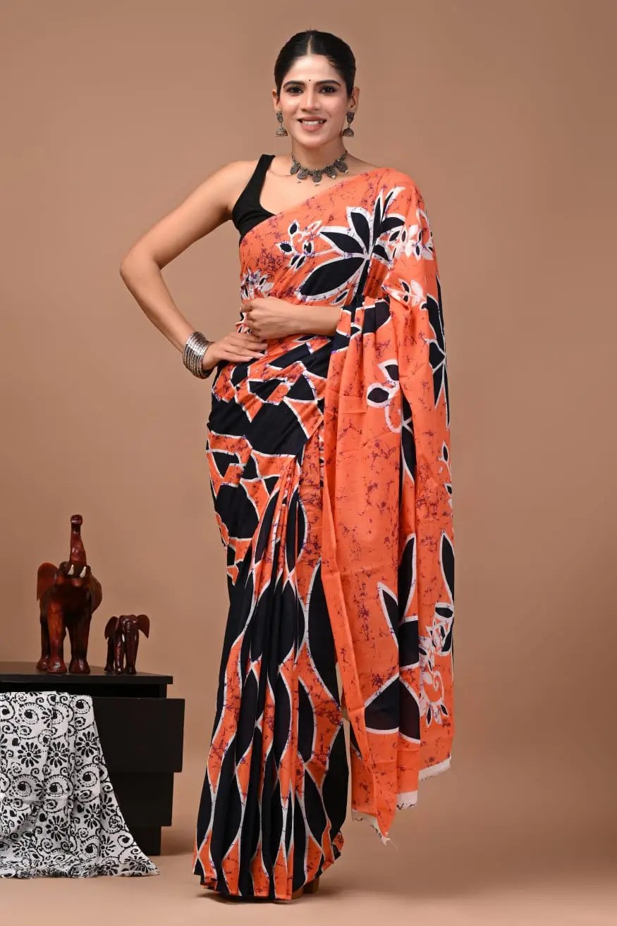 Bagru Hand Block Printed Peach Orange & Black Floral Cotton Saree With Running Blouse W