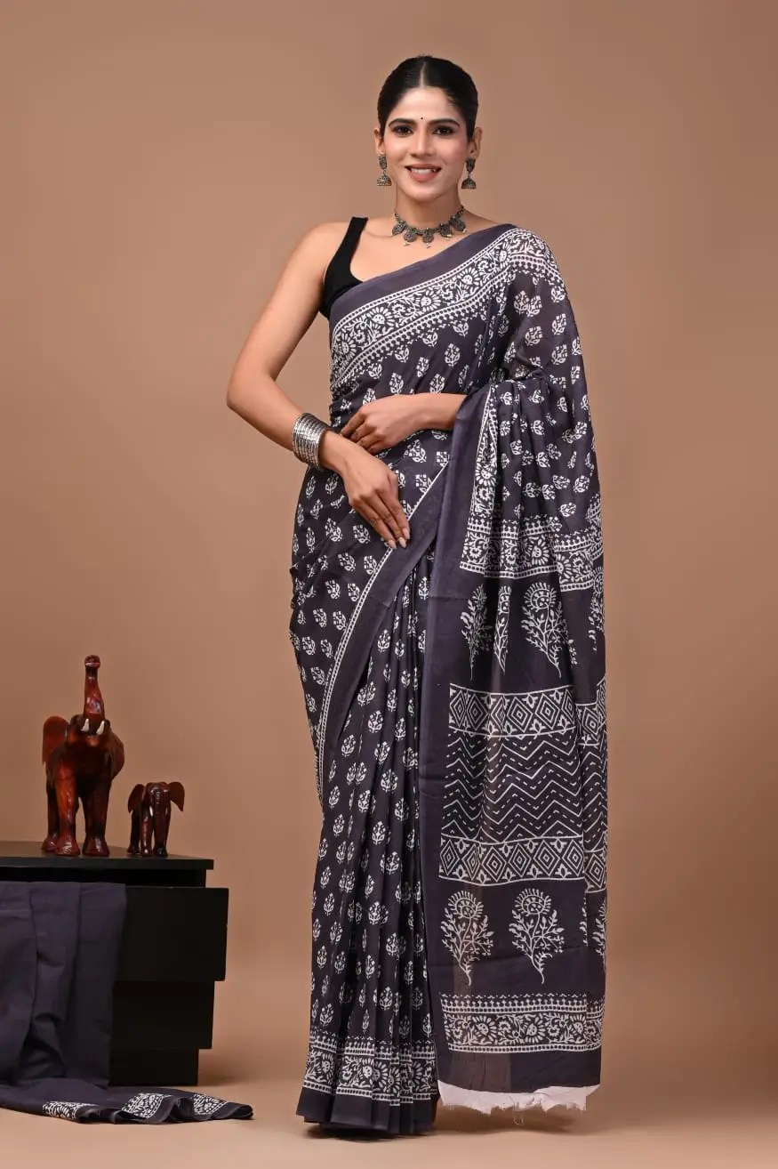 Bagru Hand Block Printed Charcoal Grey & White Floral & Geometric Cotton Saree With Running Blouse W